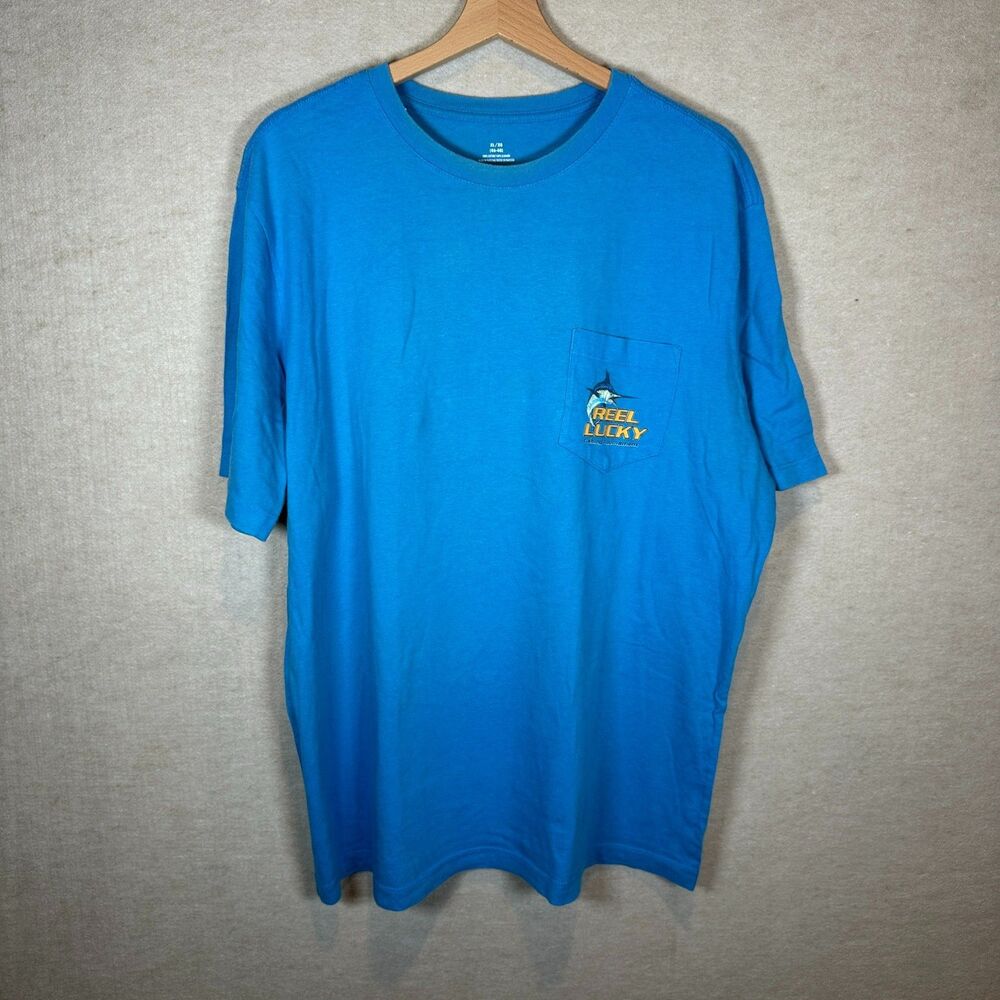 Reel Lucky Fishing Tournament Shirt Mens XL Blue Marlin Graphic Pocket Tee
